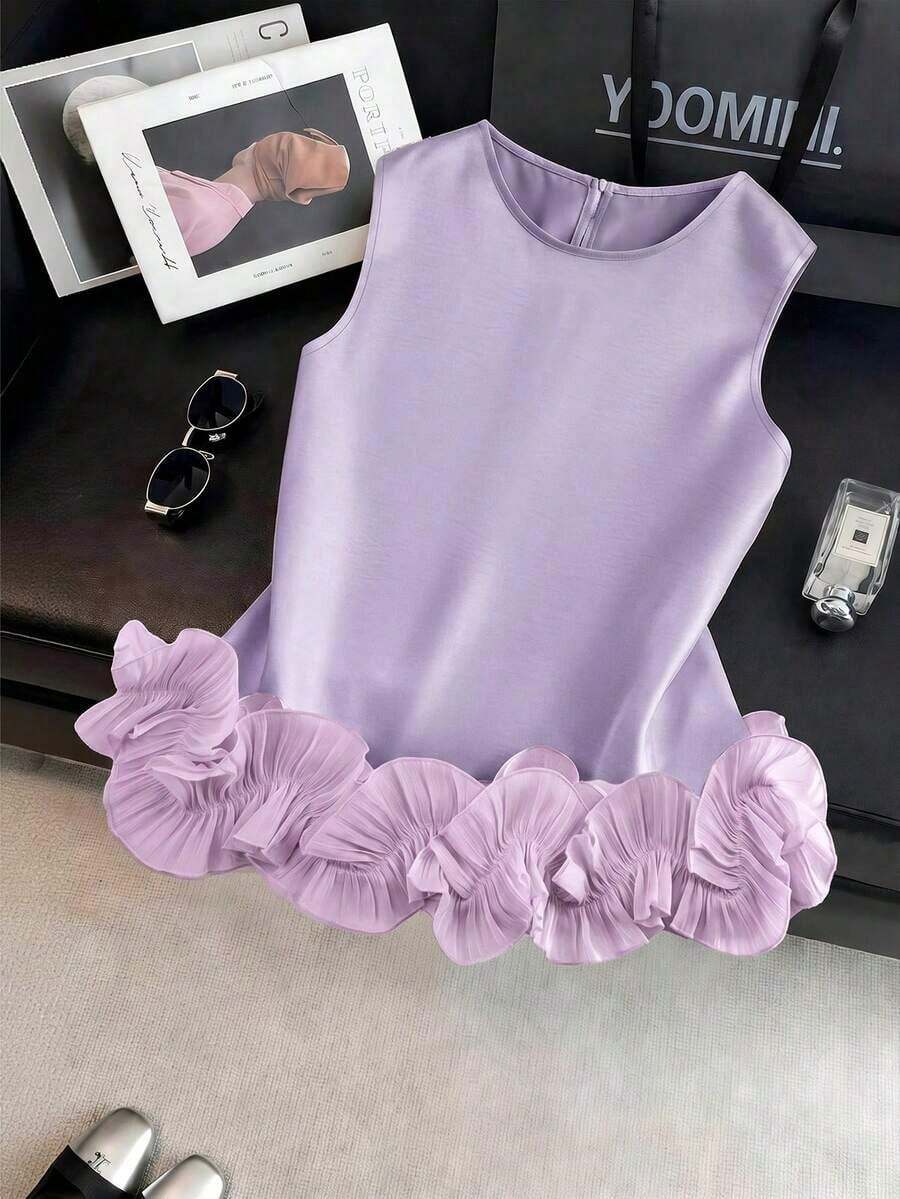 Blusa sin mangas de satén con doble capa y volantes, elegante, adecuada para salidas y citas de primavera/verano - Púrpura malva - Ver 1