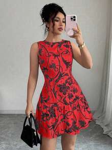 Vestido mini elegante de estilo bohemio con estampado floral, sin mangas y cintura ceñida para mujeres, conjunto de verano con acabado tejido al estilo francés para graduaciones, primavera/verano - Rojo y negro - Ver 6