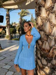 Vestido de manga larga de punto para mujer, estilo de vacaciones en la playa - orquídea clara - Ver 3