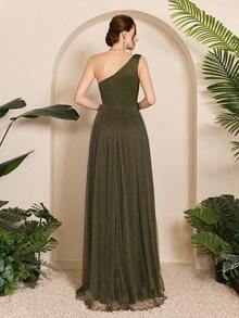Vestido de malla con un hombro asimétrico, pecho fruncido, recorte hueco y abertura alta en A, vestido de dama de honor para boda, color rosa, primavera - Verde militar - Ver 2