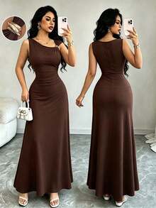 Nuevo vestido casual y elegante para mujer con cuello asimétrico, decoración metálica y cintura fruncida para vacaciones - Café integral - Ver 6