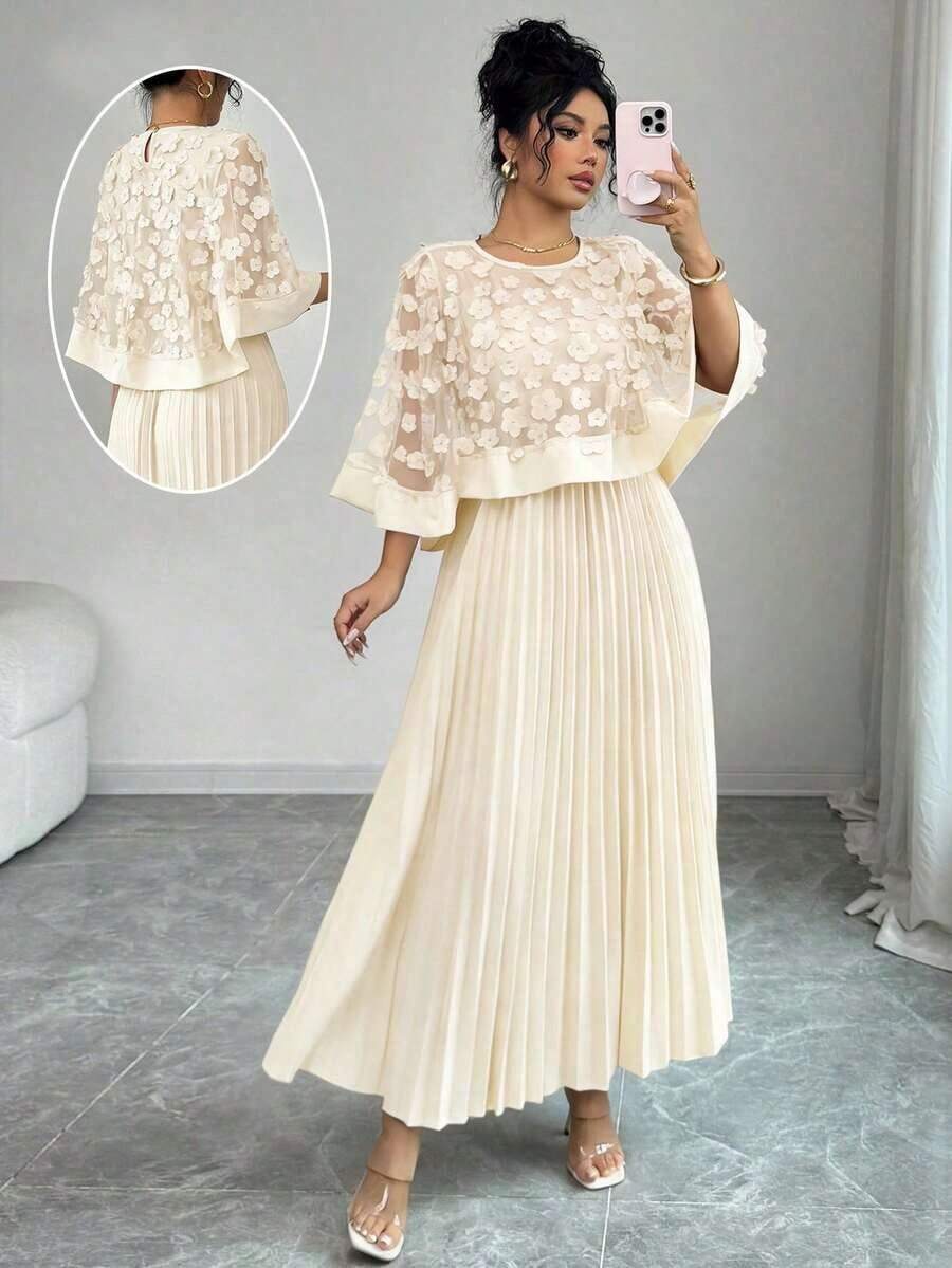 Vestido con decoración floral elegante y bajo plisado, adecuado para bodas, fiestas de cumpleaños y otras ocasiones, otoño - Albaricoque - Ver 1