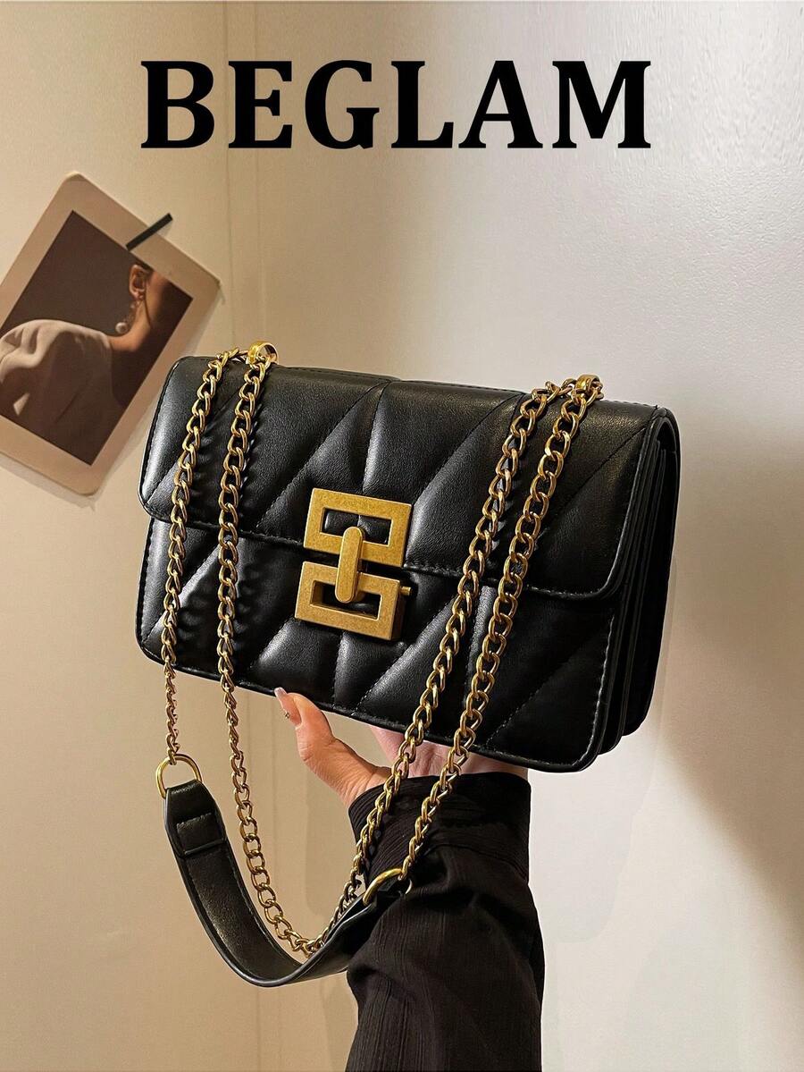 极简金属装饰链条单肩包,优雅PU斜挎包,翻盖单肩包,女士时尚手提包兼手机袋 - 黑色 - 查看 1