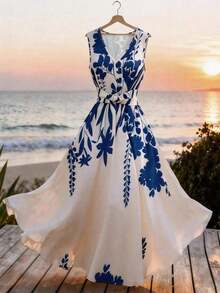 Vestido casual de mujer sin mangas con estampado de posicionamiento simple, vestido acampanado con cintura ceñida, adecuado para verano casual, vacaciones, primavera/verano, oficina, diario, fiesta, playa, graduación, uso versátil de oficina, ves - Multicolor 4 - Ver 3