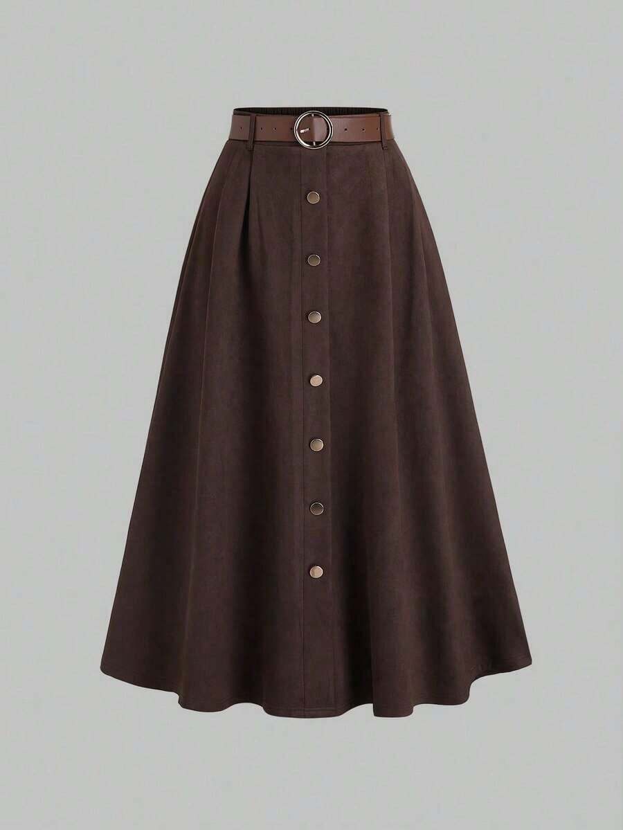 Sweetro Falda de ante marrón café con diseño de solapa única para mujer, otoño/invierno - Café integral - Ver 1