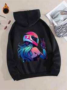 Women's Casual Summer Top, Stylish Design, Printed With A Motorcyclist Making A Peace Sign. This Fashionable Casual Sporty Hoodie Features A Printed Back, Drawstring Design, Loose Fit, And Kangaroo Pockets, Suitable For Everyday Wear. - Black - View 8