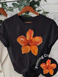 Mexican Basic 2026 Camiseta Casual de Manga Corta con Cuello Redondo para Mujer con Hermoso Estampado Floral Naranja para el Verano, Nuevo Lanzamiento - Negro - Ver 2