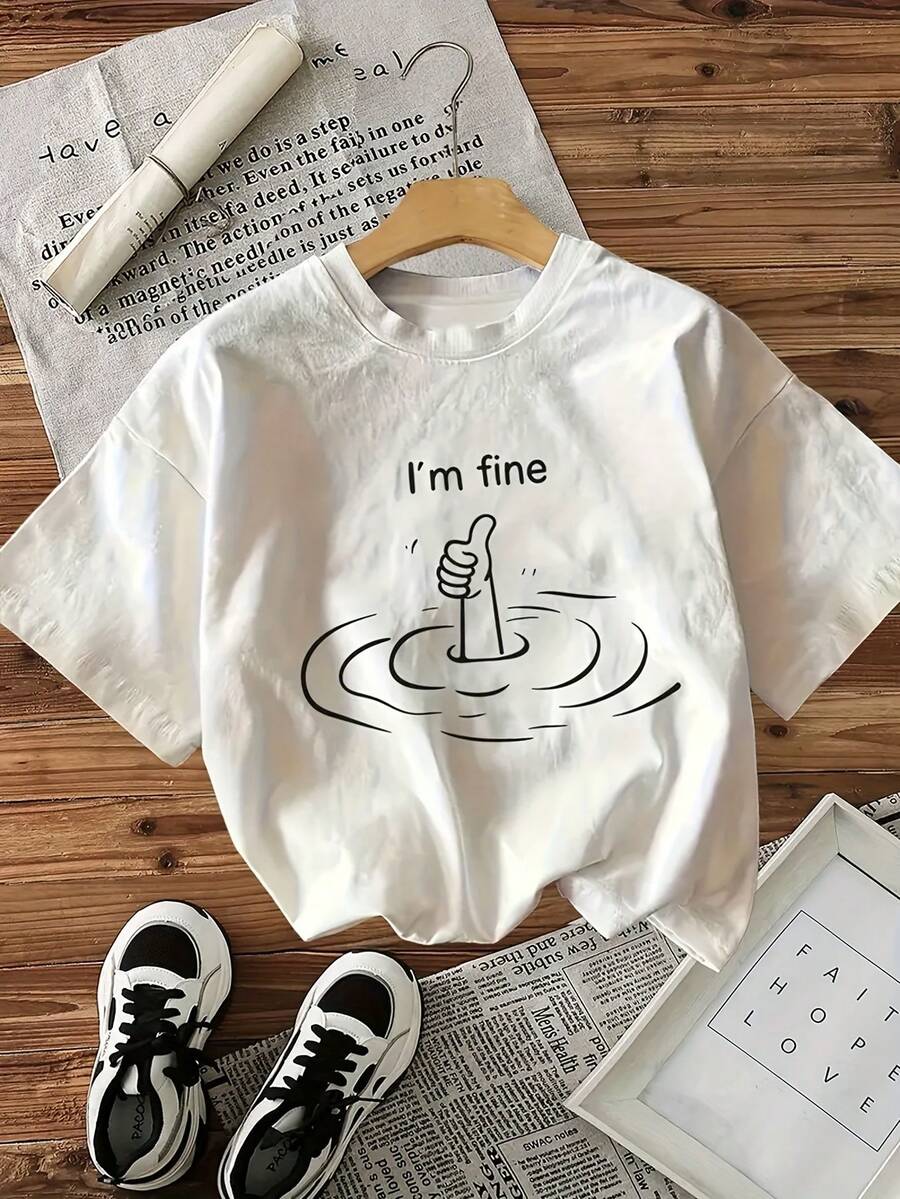 Women's Soft Pink "I'm OK" Print T-Shirt - Casual Crew Neck, Short Sleeve, Minimalist Design, Machine Washable, Comfortable Fit For All Seasons, Durable Fabric, Perfect For Casual Outfits, Everyday Wear T-Shirt | Crew Neck T-Shirt | Y2k Comfortable Fit T-Shirt - 白色 - 查看 1