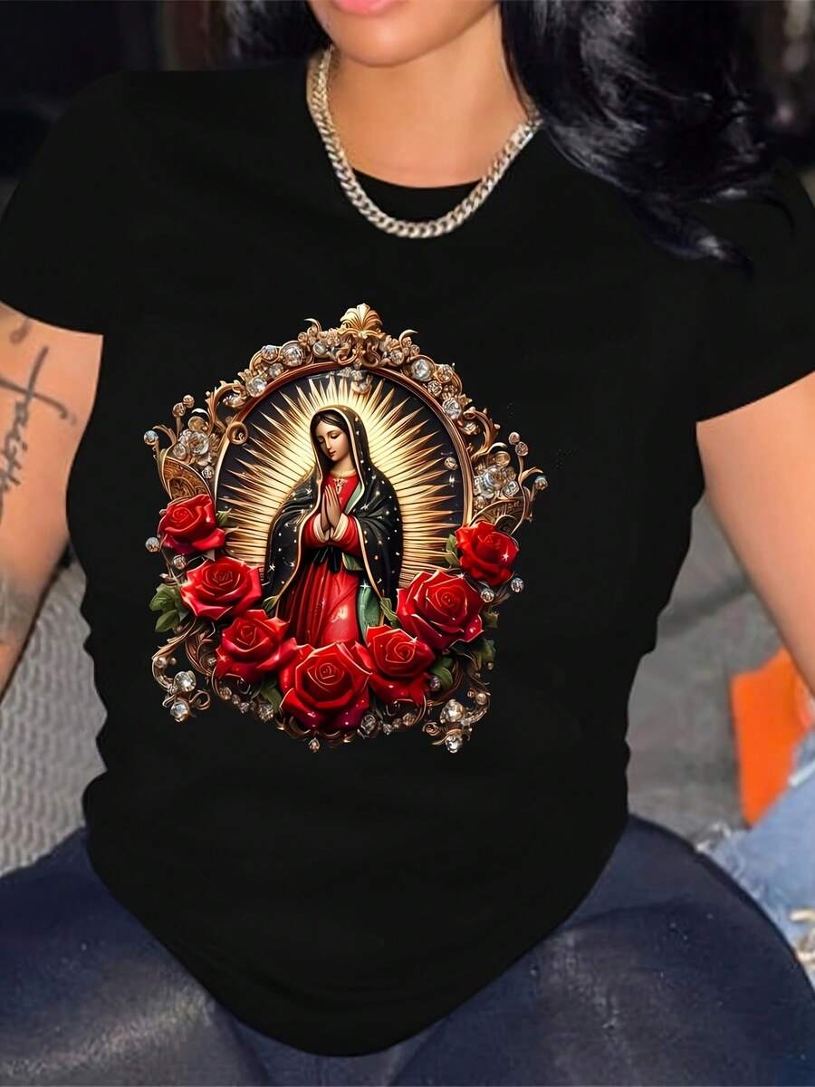 Camiseta de manga corta para mujer - Estampado de la Virgen María y rosa roja, top negro casual de cuello redondo, elasticidad media, lavable a máquina, regalo para esposa/novia/hermana, camiseta casual cómoda para mujer. - Negro - Ver 1