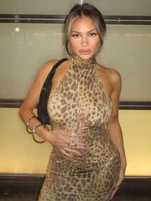 Leopard Print Dress With Halter Neck And Open Back, Fitted Cut - Gold - View 3