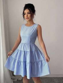 Vestido corto sin espalda con lazo y rayas, estilo francés para mujeres - Azul y blanco - Ver 3
