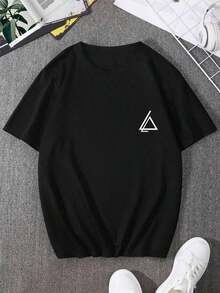 Men's Round Neck T-Shirt With Geometric Print - 黑色 - 查看 3