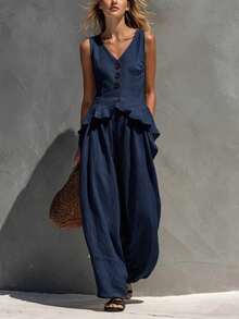 Conjunto de lino nuevo para primavera-verano, estilo casual y de oficina, chaleco de botonadura delantera y cuello V, diseño favorecedor, perfecto para looks de día y transición estacional - Azul marino - Ver 6