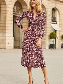 Vestido largo de manga larga para mujer, de otoño-invierno, estampado, diseño de botones con nudo/twist, corte ajustado y favorecedor, estilo casual y elegante, perfecto para el día y la noche - Burdeos - Ver 4