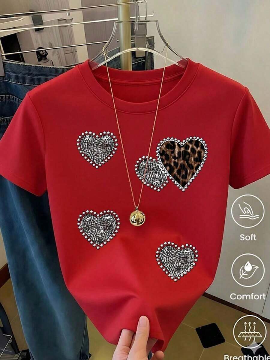Respirable Playera Blanca de Mujer con Gráfico de 4 Corazones Rojos de Brillo y Borde Plateado, Camiseta de Estilo Aesthetic Brillante Manga Corta, Top Romántico y Femenino, Blusa Casual de Moda, ropa de calor mujer - Rojo 2 - Ver 1