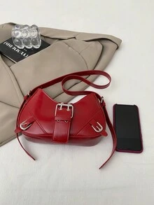 1pc White PU Leather Y2K Gothic Style Rivet Decor Shoulder Bag, Retro Fashion, Suitable For Daily Commute, Crescent-Shaped Tready Ladies Handbag - Red - View 3