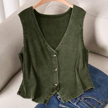 Cosyjoi Plus Size Women V-Neck Single-Breasted Casual Tank Top - Verde - Ver 7