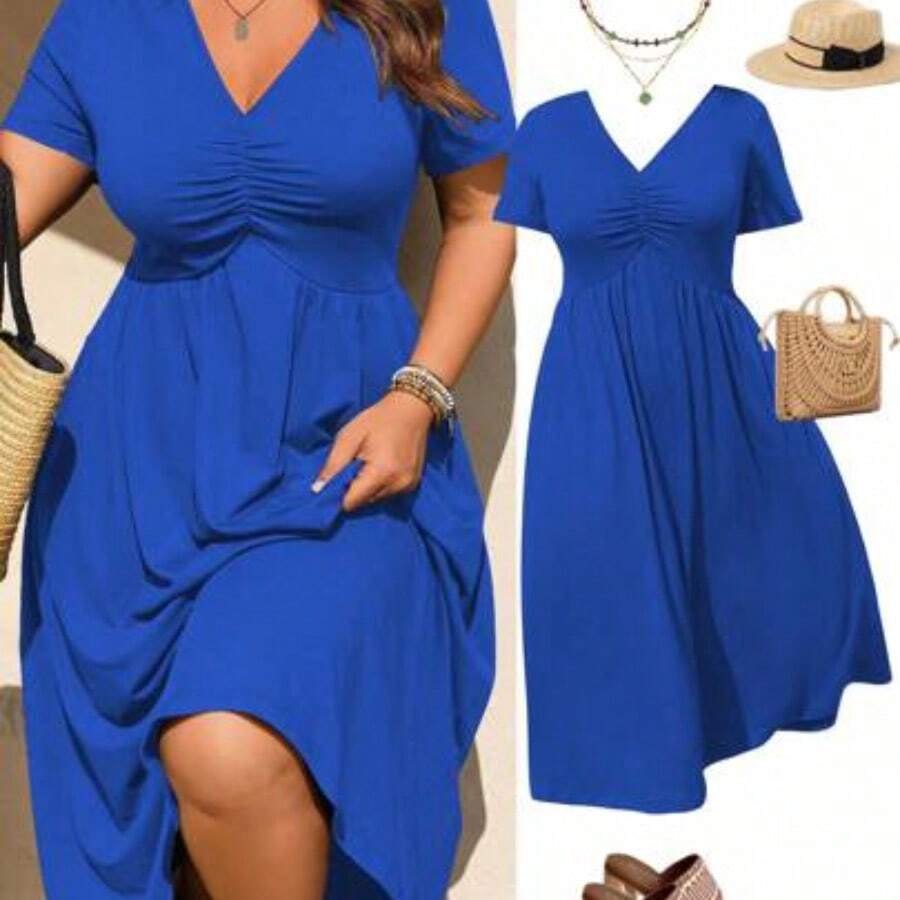 Rometta Elegant Casual V-Neck Pleated Design Short Sleeve Knit Plus Size Women Dress, New Arrival - Azul - Ver 1
