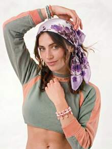 1pc Elegant Floral Print 70cm Square Scarf, Suitable For Casual And Street Wear, Fashion Bandana, Headband, Headwrap, Outdoor Sun Protection Accessory To Decorate Your Look - Purple - View 3