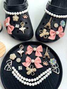Fashionable Girl Style Clogs Shoes Charms Set - Bow, Dollar Sign, Star & Flower Decor, Shiny Clogs Shoes Accessories - Golden Eiffel Tower Ballet Chain Set - View 6