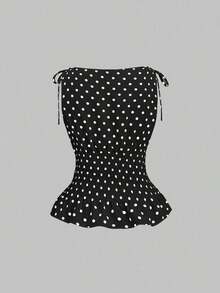 Blusa sin mangas de estilo francés elegante con lunares, lazo en el hombro y cordón en la cintura, para uso casual y versátil en primavera/verano - Negro - Ver 2