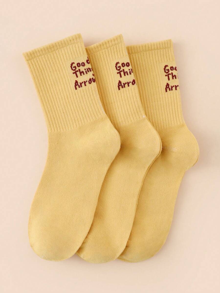3 Pairs Women's Fresh Candy Color Personalized Letter College Style Mid-Calf Socks - Yellow - View 1