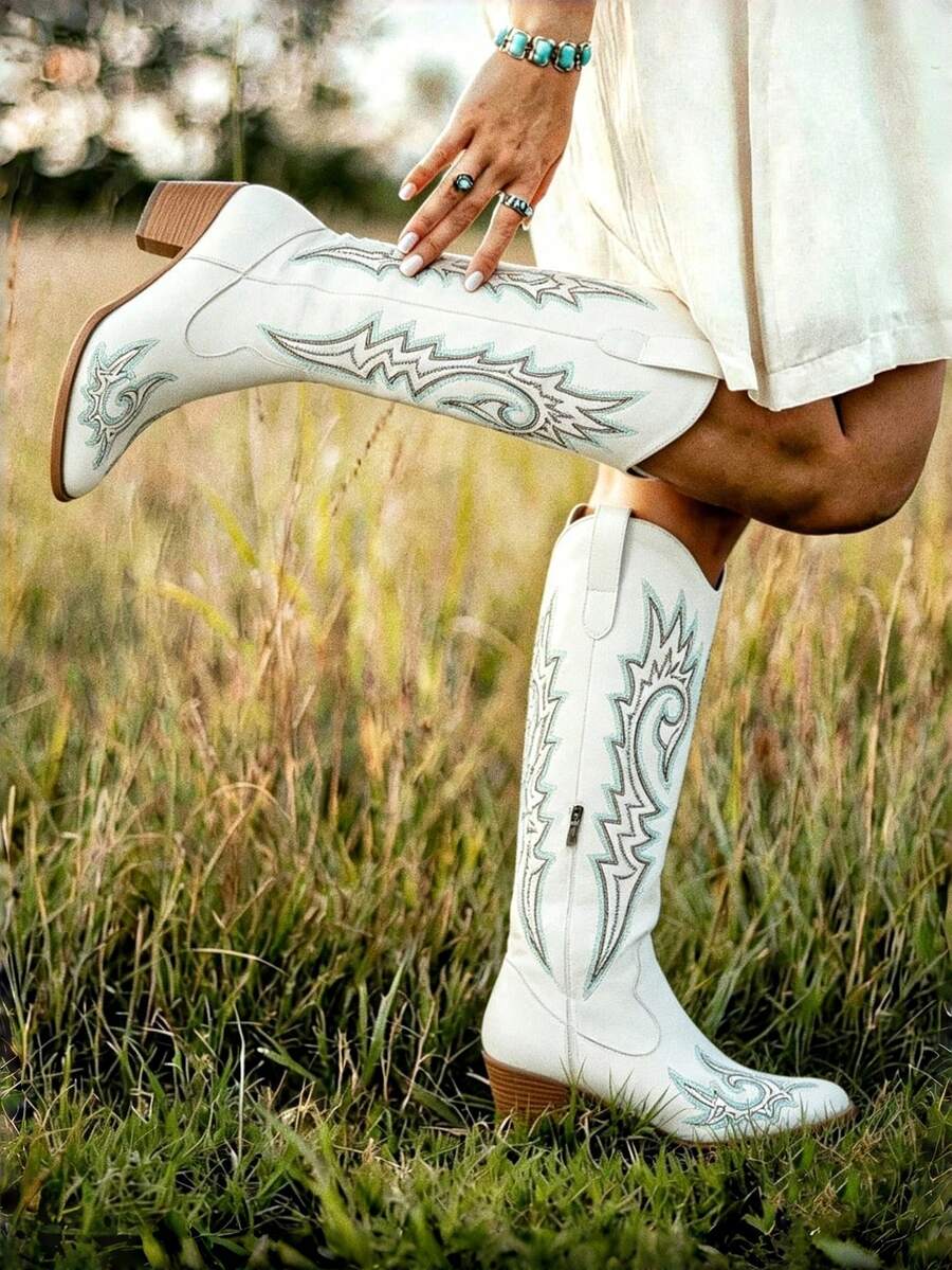 Vintage Women's Cowgirl Boots Pointed Toe Embroidery Side Zipper Chunky Mid Heel Pull On Long Boots For Women Country Concert White Cowboy Boots Women - 白色 - 查看 1