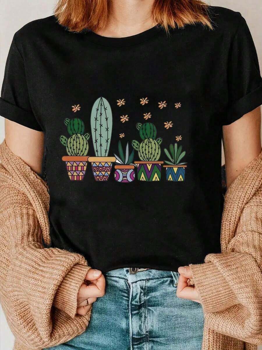 Suave Camiseta con estampado de cactus vibrante color negro para mujer, diseño ligero y cómodo para los amantes de la naturaleza y el estilo bohemio, perfecta para uso casual y reuniones informales, disponible en tallas S, M, L, XL, ideal para todas las estaciones, moda moderna para el verano y primavera, ropa femenina única, exclusiva, ropa de calor mujer - Negro - Ver 1