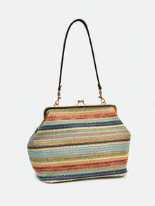 Túi đeo vai nữ kiểu Bohemian kẻ sọc bằng sợi raffia, khóa cài kiểu nụ hôn, túi xách cầm tay khung dệt mùa hè đi biển. - Nhiều màu - Xem 3