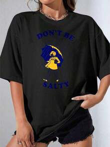 Girls' Cotton T-Shirt, Plus Size White T-Shirt With 'Don't Be Salty' Print And Girl Holding An Umbrella For Casual Wear, Outdoor Party, 180g Casual Printed T-Shirt - 黑色 - 查看 7