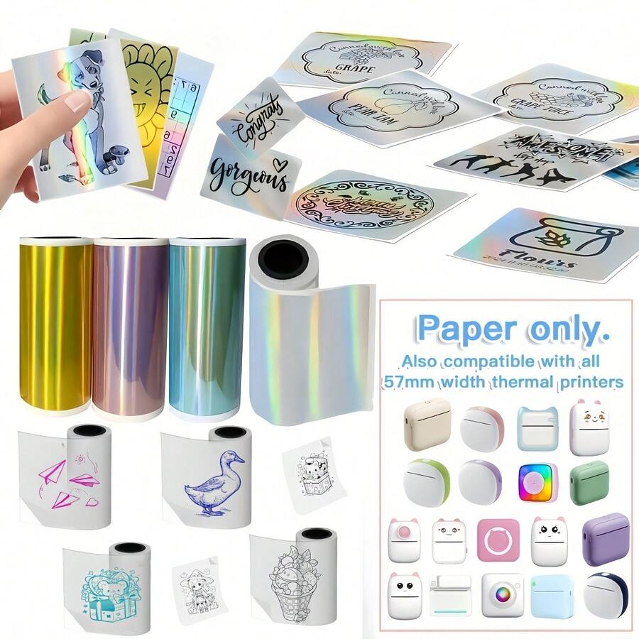Nhãn dán nhiệt ba chiều, nhãn nhiệt màu bạc, vàng và tím, nhãn dán nhiệt lấp lánh trong suốt/bạc/vàng/tím/xanh lam, mã vạch, thư từ, hình ảnh, thiết kế logo, tương thích với các máy in mini như C9/C15/C19/X5/X6/T02/M02 - Xem 1