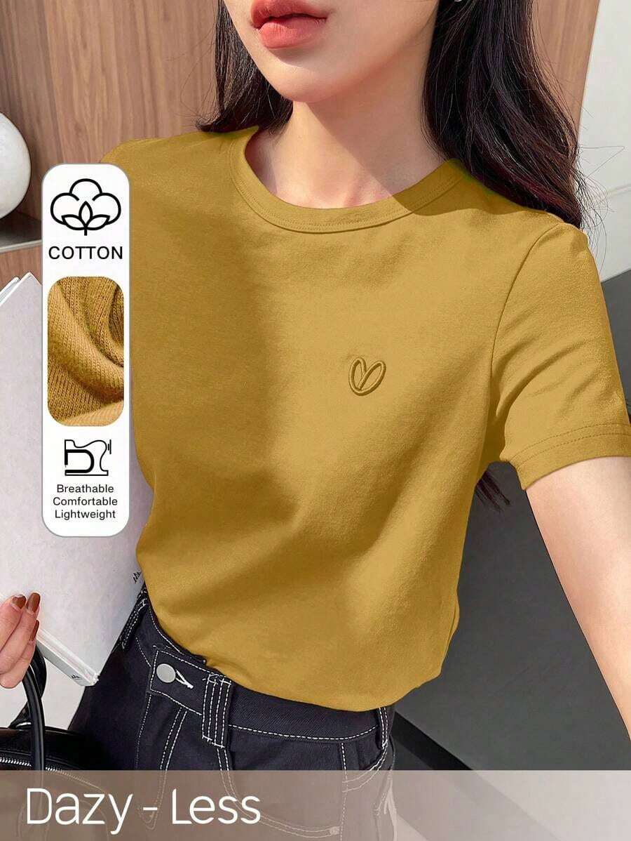 Y2K Style, Modern Style, The Newest Of 2026, Cute Style, Casual Style. Women's Loose-Fitting Casual Summer T-Shirt With Embroidered Heart And Letter Pattern, Red, 180g (S-XXXL) - 黃色 2 - 查看 1