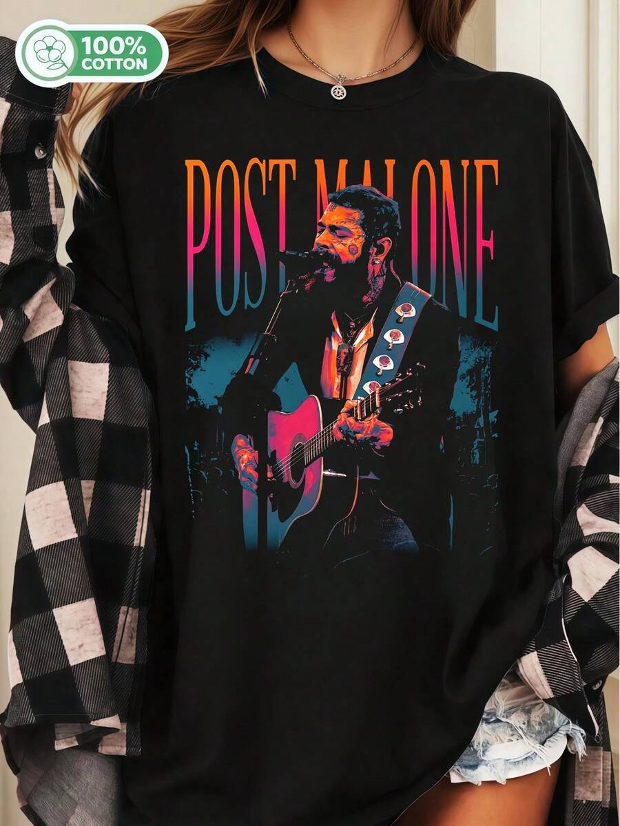 Posty Malone Vintage Bootleg Concert Unisex Cotton T-Shirt Hip Hop Rapper Graphic Streetwear Tee - Black - View 1