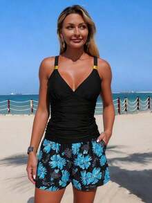 Swim Lushoire Conjunto de tankini de verano para vacaciones con top corto con tirantes finos y fruncido, y shorts de natación holgados de cintura alta con bolsillos para mujer - Multicolor - Ver 3