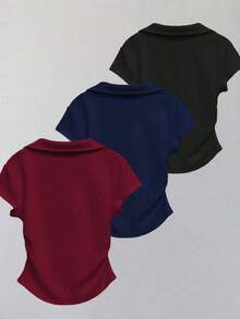 Camiseta casual versátil de mujer con cuello y mangas cortas, plisada y de unicolor - Multicolor 5 - Ver 2