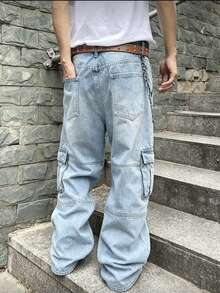 Celana Jeans Lurus Longgar Modis, Gaya Streetwear Amerika untuk Pria - Light Wash - View 3