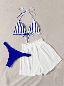 3 piezas de bikini - Bottom a rayas azul y blanco, shorts de cubrir blancos, ropa de playa casual para vacaciones de primavera/verano, fiesta en la playa - Azul y blanco 2 - Ver 2