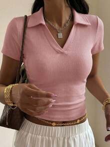 Camiseta polo de manga corta de ajuste ceñido para mujer, unicolor de verano - Rosa Pálido - Ver 2