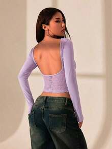 Camiseta de mujer con espalda al descubierto y costuras de encaje.Vestimenta sexy adecuada para citas en verano. - Púrpura malva - Ver 6