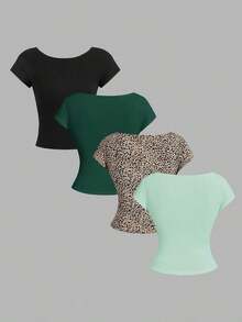 4 piezas Camisetas de mujer de cuello redondo, ajustadas, con espalda descubierta y diseño minimalista de patrones, adecuadas para el verano - Multicolor 8 - Ver 2