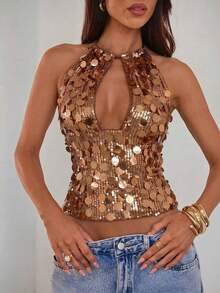 Nuevo camisol de tirantes finos con espalda descubierta y lentejuelas rosas para mujer, elegante y sexy, ideal para el Día de San Valentín, fiestas y viajes - Café integral - Ver 4