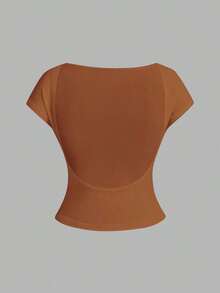 4 piezas Camisetas de mujer de cuello redondo, ajustadas, con espalda descubierta y diseño minimalista de patrones, adecuadas para el verano - Multicolor 10 - Ver 3