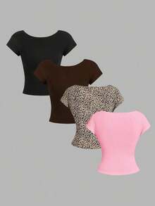 4 piezas Camisetas de mujer de cuello redondo, ajustadas, con espalda descubierta y diseño minimalista de patrones, adecuadas para el verano - Multicolor 19 - Ver 2
