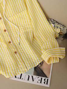 Camisa con capucha holgada con cordón de rayas azules y blancas para mujer, nueva para primavera/otoño - Amarillo - Ver 3