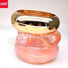 GNIT 3 buah Gelang Lebar Resin Gaya Y2K Warna Emas untuk Wanita, Set Gelang Pernyataan Mode yang Dapat Ditumpuk dengan Dekorasi Marmer & Foil Emas - Bubuk transparan merah muda, emas - View 10