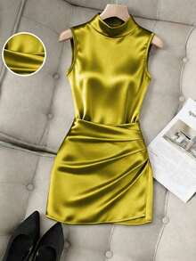 Nuevo vestido de mujer de moda con cuello alto brillante, sin mangas, cintura fruncida y asimétrico de ajuste ceñido - Mostaza Amarilla - Ver 6