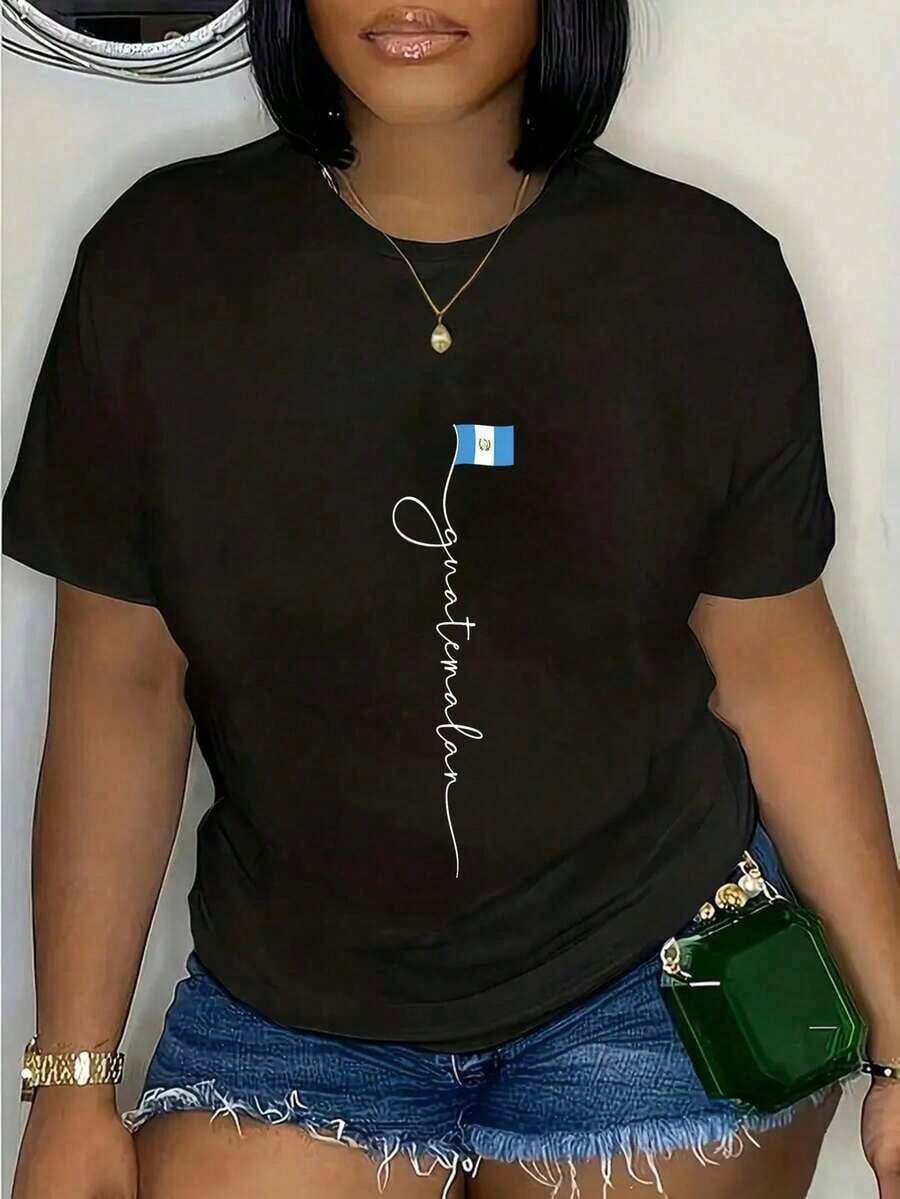 Camiseta 100% Algodón con la Bandera de Guatemala, Camiseta Casual de Manga Corta - Negro - Ver 1
