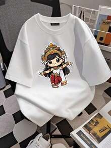 1 Piece Women's T-Shirt With Apsara Khmer Cambodian Print, Cute Traditional Dance T-Shirt, Vintage Washed Style, Versatile, Casual, Slightly Soft, Graphic, Unisex, 180g, 100% Cotton - 黑色 - 查看 7