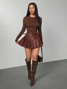 PETITE Falda de cuero plisada con hebilla de diseño de color marrón chocolate sólido para mujer, falda plisada de cuero, falda de patinadora, otoño para mujer, invierno para mujer, Halloween, casual de negocios, estilo de dinero antiguo - Marrón Chocolate - Ver 5