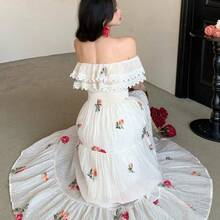 Nicho de diseño francés Vestido floral de gama alta con estampado floral de manga corta y cintura ceñida Vestido largo Vestido de verano Vestido de cóctel con hombros descubiertos - Albaricoque - Ver 5